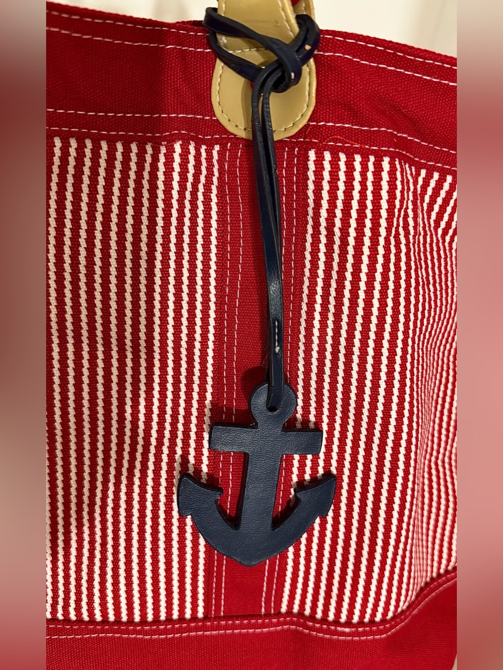 Large Red White Striped Nautical Canvas Tote Bag Anchor Charm Beach Bag - Picture 8 of 10